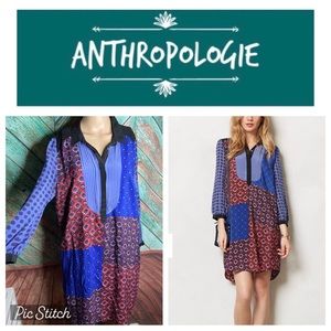 Anthropologie Patchwork Blue and Red Print Long-Sleeve Tunic Dress